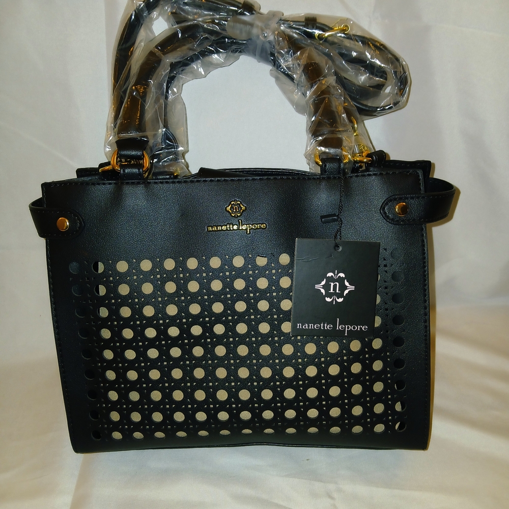 Nanette Lepore Black Perforated Satchel with Gold Accents